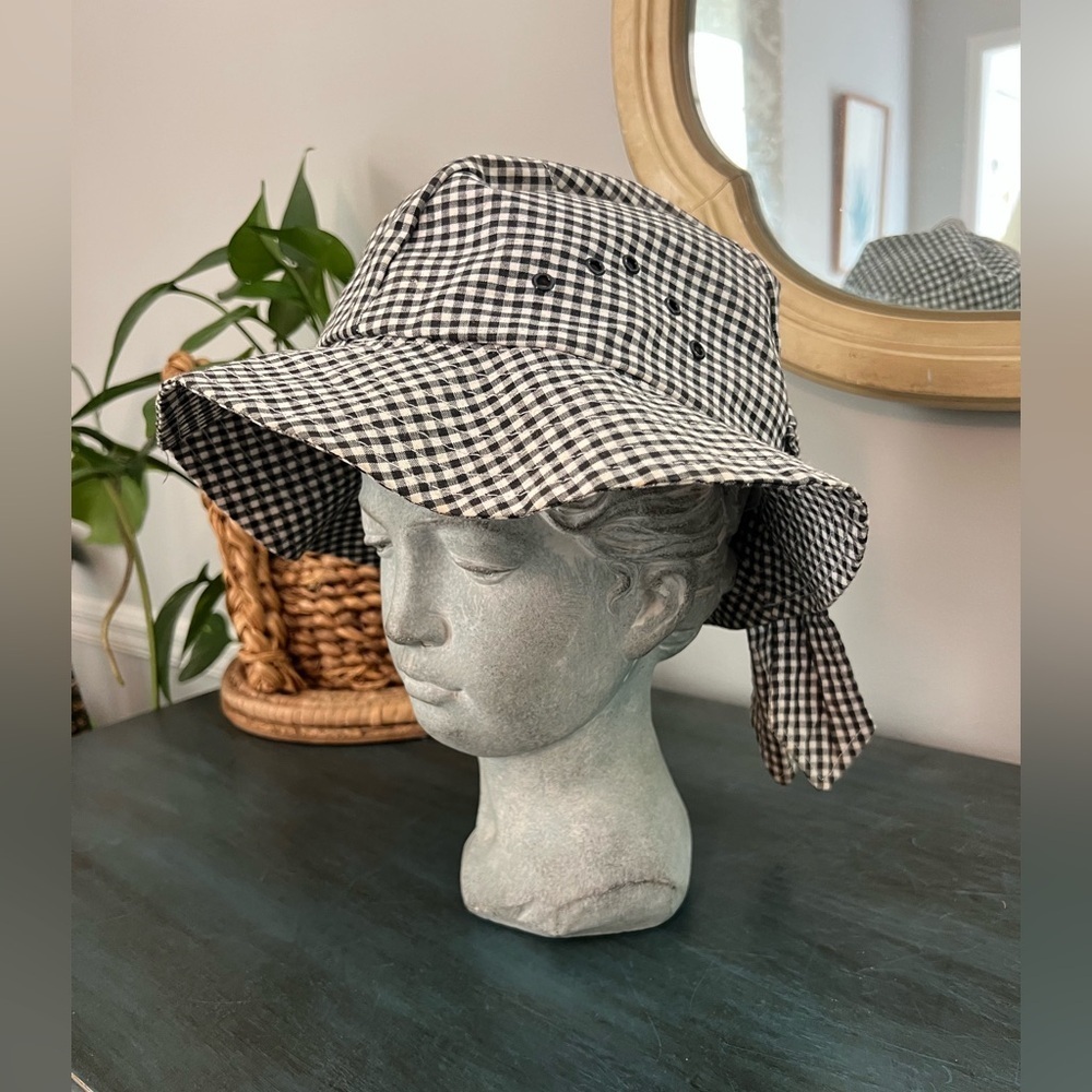 Betmar Hat with tie in back. Bucket hat style. Black and white small gingham